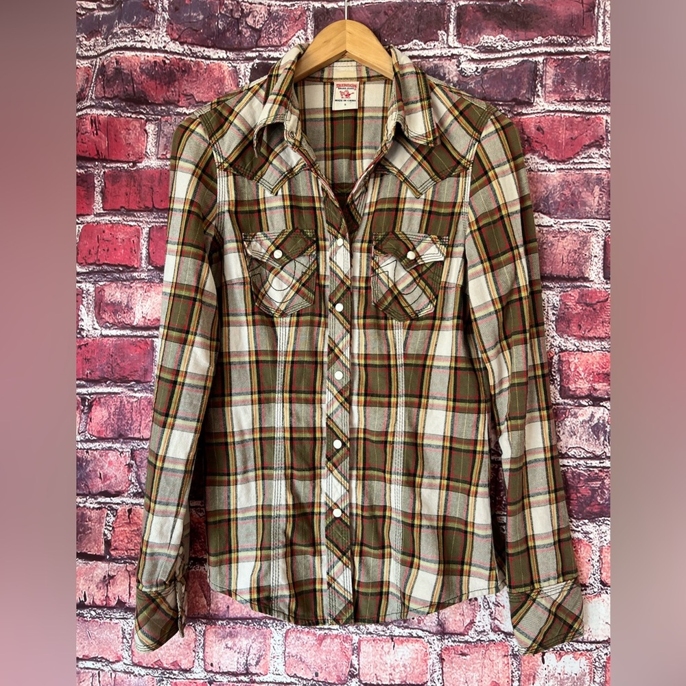 True Religion Women's Plaid Western Pearl Snap Shirt - Olive Cream - Picture 1 of 5